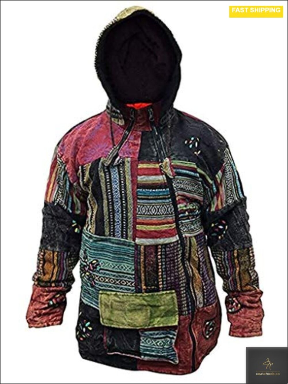 Men's Patchwork Fleeced Cross Zip Jacket Handmade Boho Hoodie